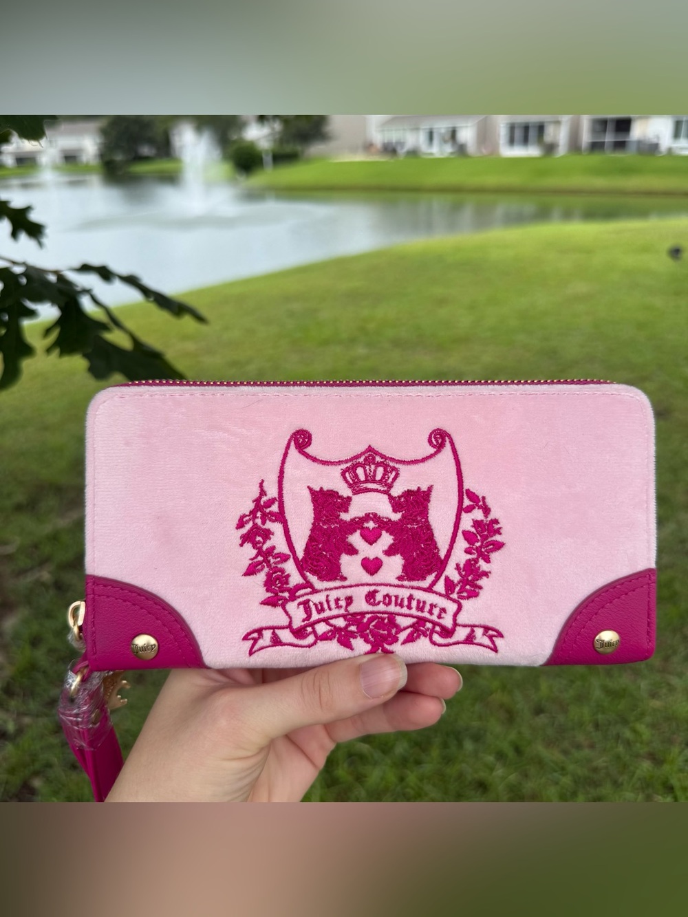 Juicy Couture Light Pink Velvet Zip-Around Wallet with Hot Pink Scottie